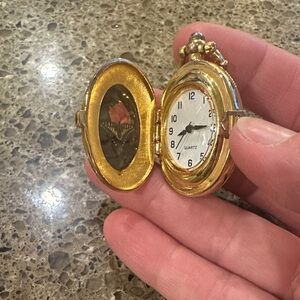 Vintage Oval Etched Quartz Clock Gold tone Pendant